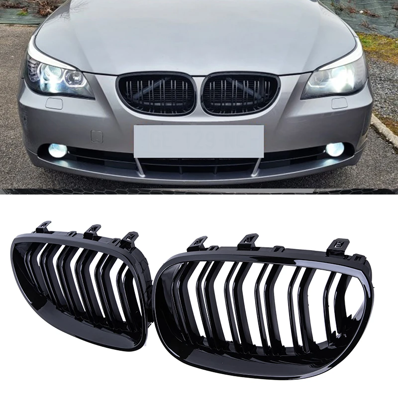 New Car Front Bumper Grilles Kidney Racing Grill Double Slat For BMW E60 E61 5 Series 2004-2009 Grille Gloss Black Auto Styling