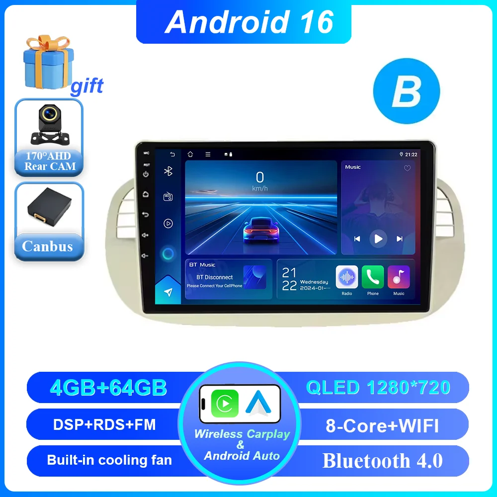 Auto DVD Android 16 Radio Stereo voor Fiat 500 2007-2015 Auto Multimedia Speler GPS Navigatie Hoofdunit Hoge-Prestatie CPU WIFI