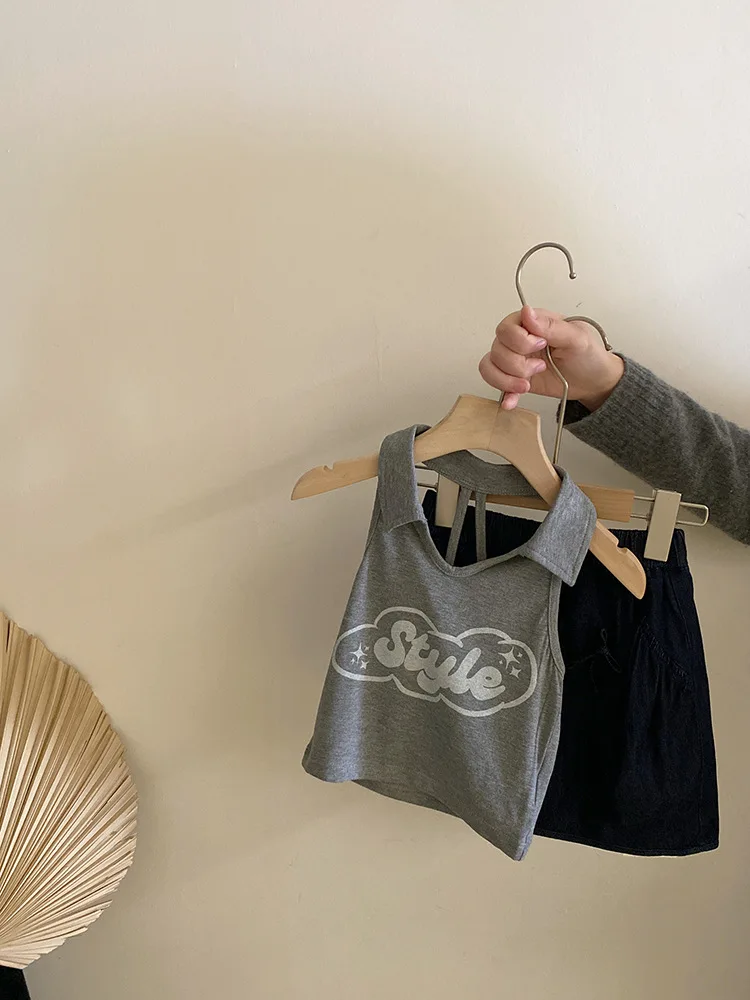 

Girls2025Summer New Set Sweet and Spicy Backless Halter Letter Vest Fashion Bow Denim Skirt