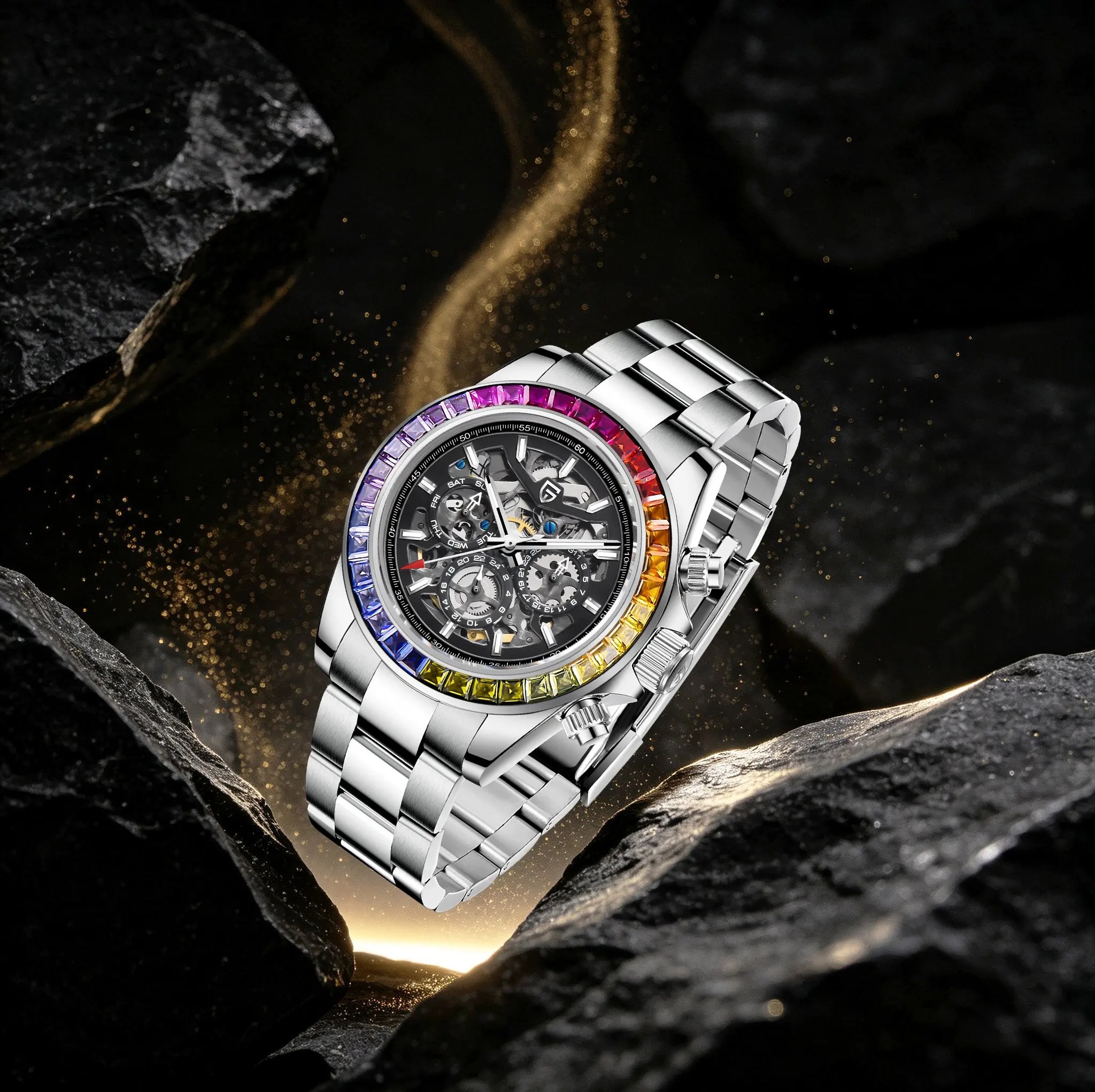 PAGANI DESIGN Heavy-Duty Premium Mens Automatic Mechanical Watch Luxury & Cool Rainbow Circle Skeleton Dial Stainless Dive Watch