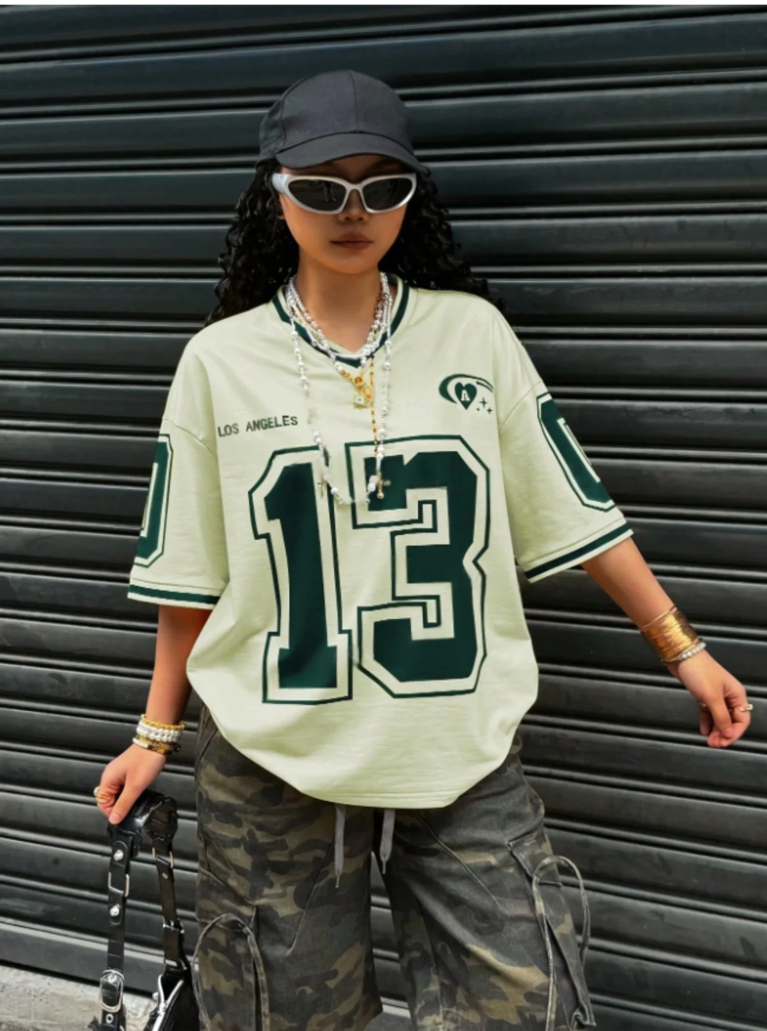 Los Angeles Numero 13 Stampa Moda Donna T-shirt a maniche corte con scollo a V T-shirt estiva Maglie da baseball T-shirt sportiva oversize quotidiana