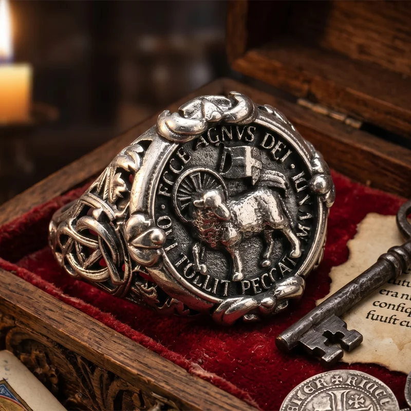 Buy 4 Get 1 Free Silver Rings inscribed Agnus Dei the lamb symbol engraves the core of redemption through Christ's sacrifice