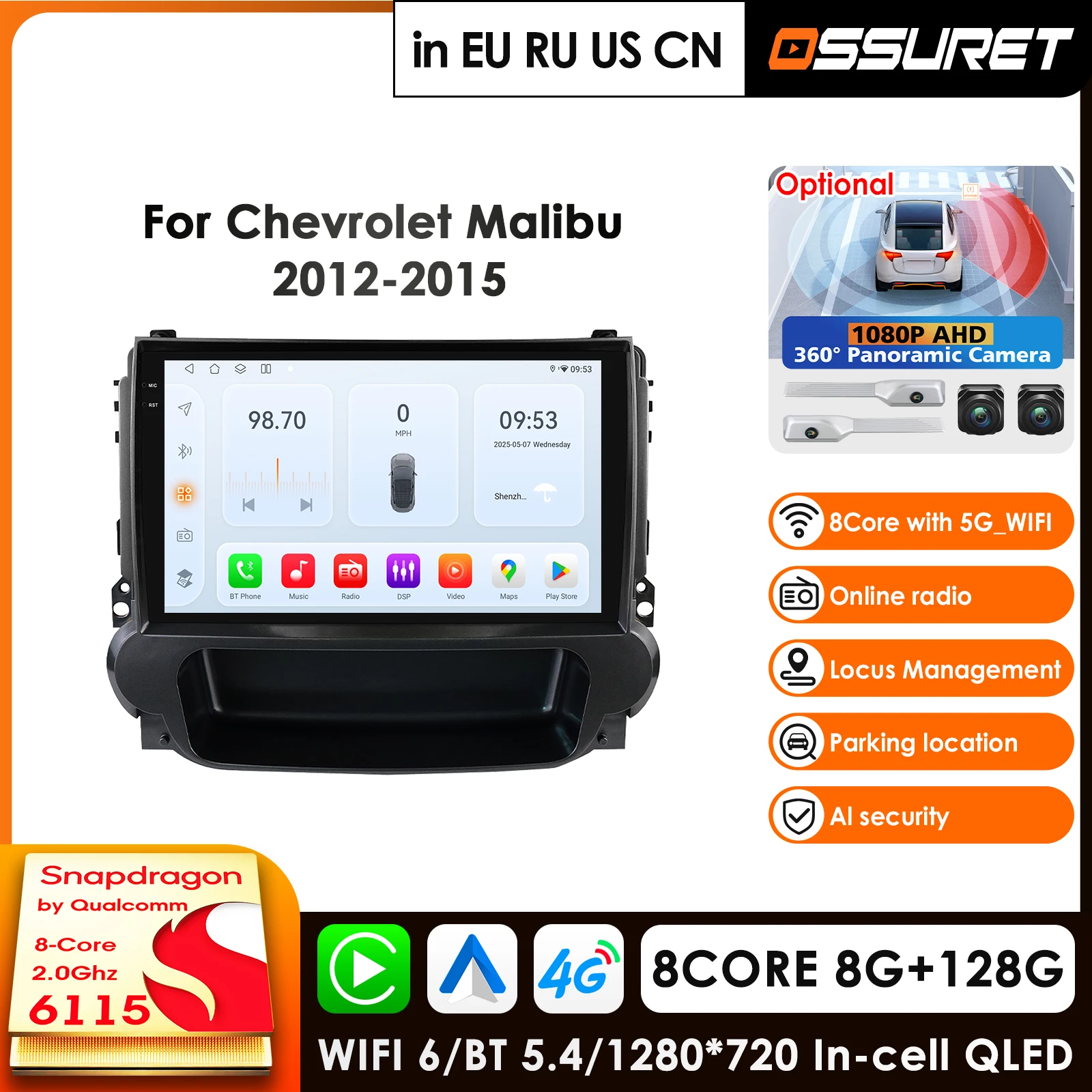 Sistema Carplay 4G con IA, Radio para Auto con Android 14 para Chevrolet Malibu Sedán 2012-2015 V300, Reproductor Multimedia de Video, GPS, Autoradio