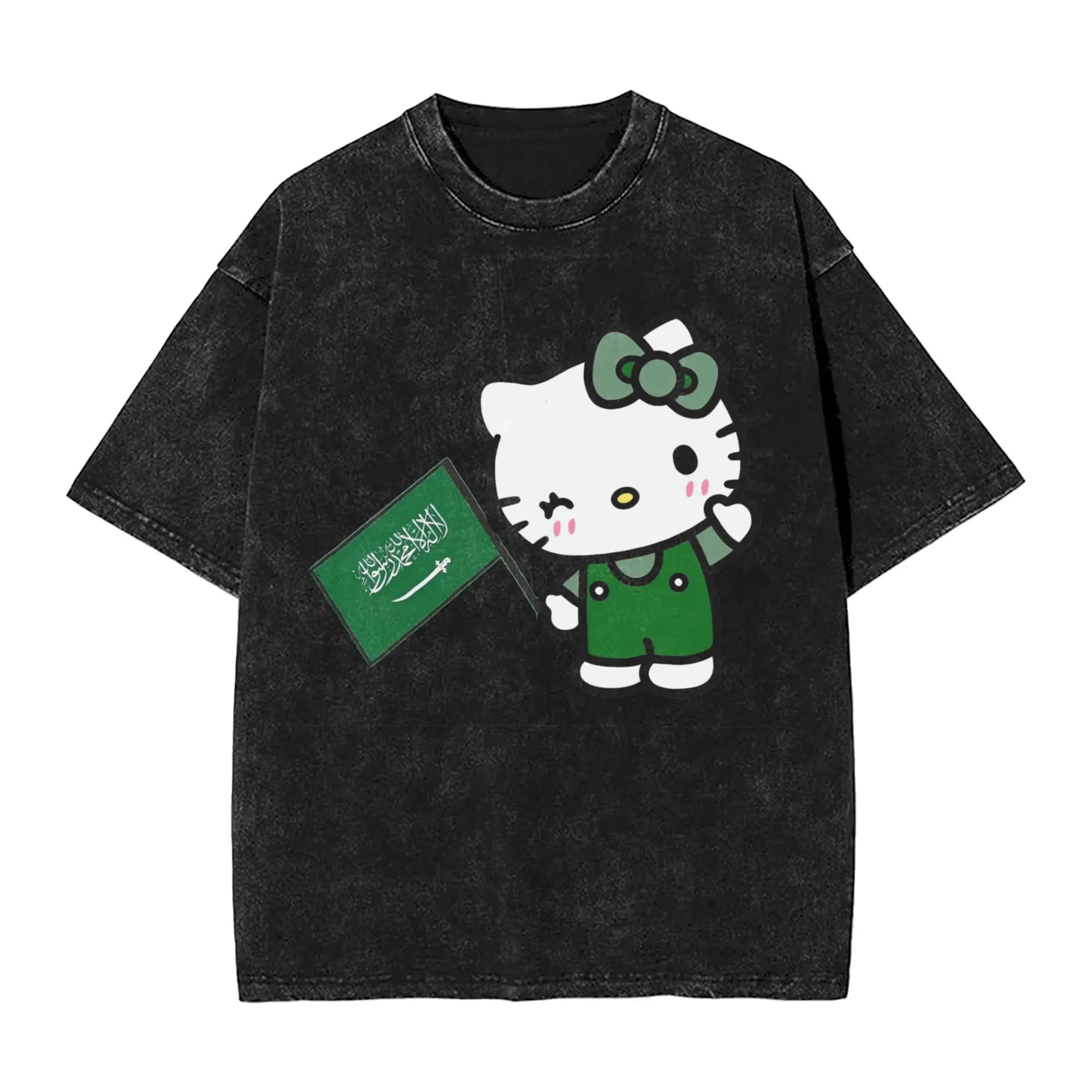 Vintage Washed T Shirt Hello Kitty Lucky Clover St Patricks Cotton T-Shirts  Hipster Tshirt for Mens Summer Y2K Pattern Clothes