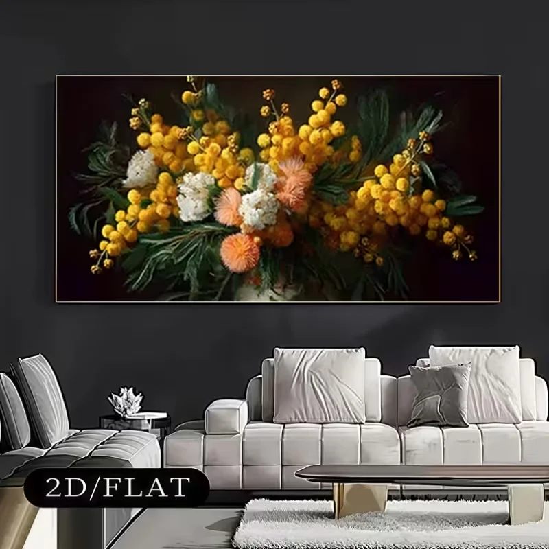 2D Flat, 2D Flat, A Vibrant Yellow Acacia Combined with White And Pink Flowers in a Pattern, a Large 2D/FLAT Unframed Canvas Pai