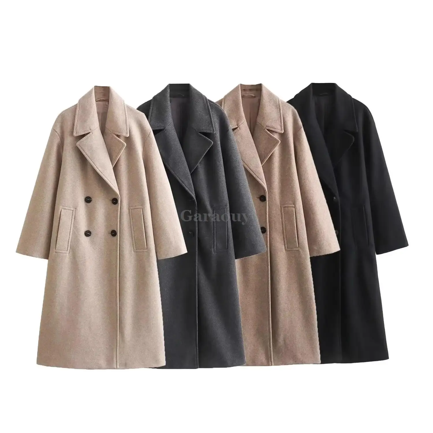 Garaouy 2023 Lapel Women Straight Overcoat Casual Double-Breasted Office Lady Long Jacket Winter Solid Female Streetwear Coats