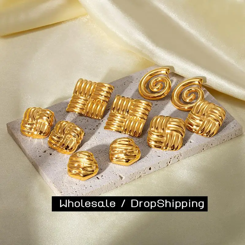 

CARLIDANA Cross Design Chunky Square Texture Drop Earrings Stainless Steel Spiral Gold Plated Large Pendant Earring Jewelry