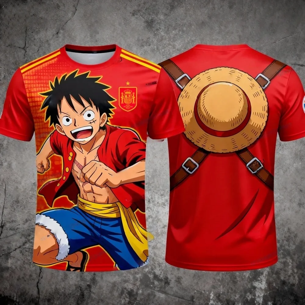 Camiseta de Futebol One Piece Luffy x Seleção Nacional da Espanha, T-Shirt para Homens e Mulheres, Manga Curta Vermelha, Moda Anime para Fãs de Futebo