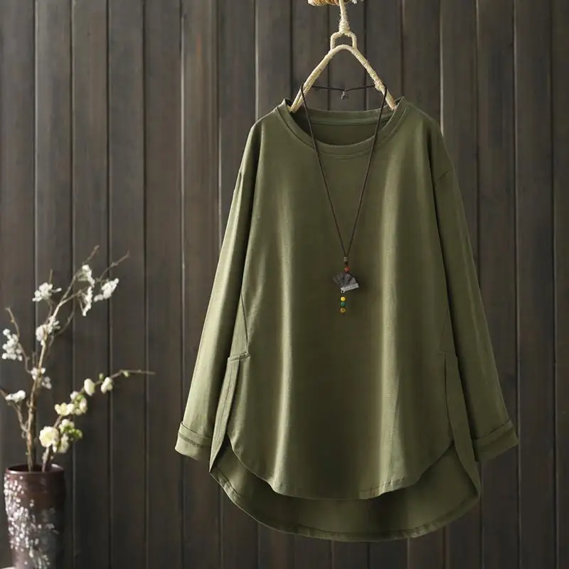 

Women's Spring and Autumn Fashion Elegant Solid Color Round Neck Pullover Versatile Long Sleeve Loose Irregular Mid Length Tops