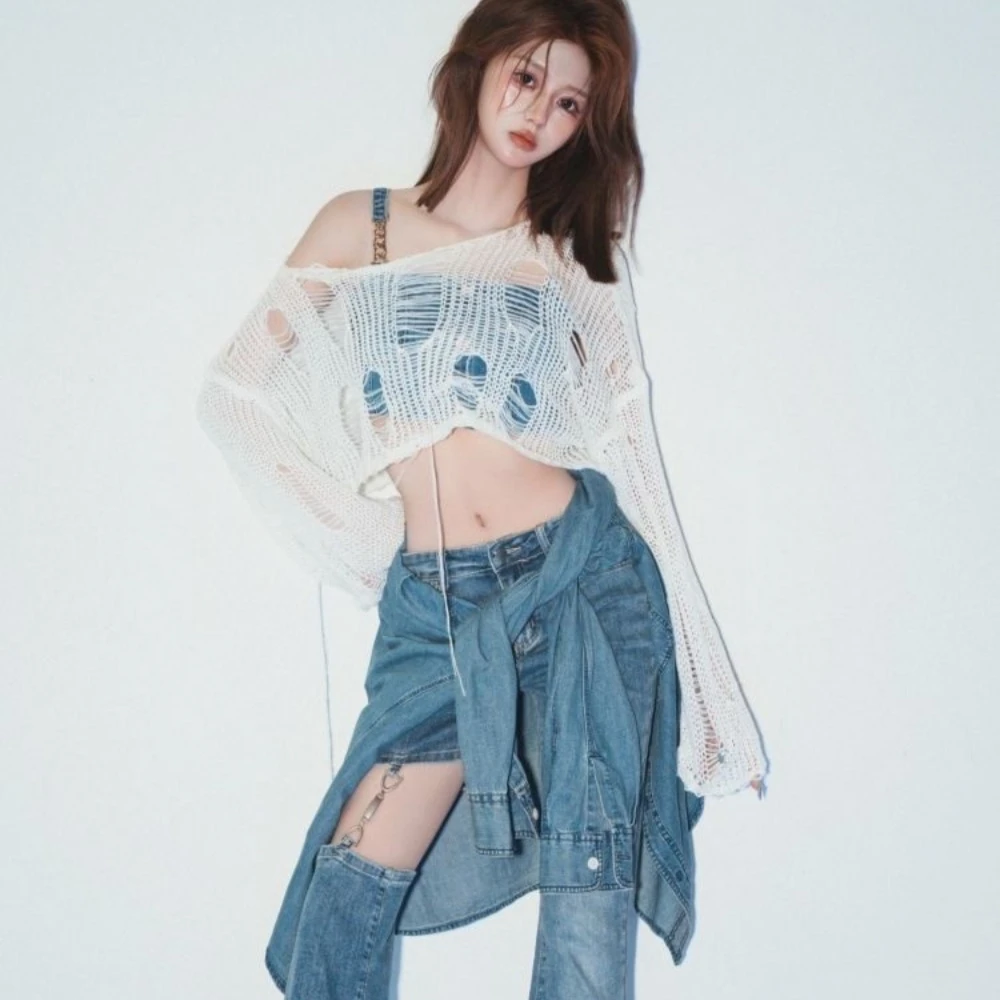Solid Slash Neck Y2K Grunge Knit Crop Top Women Ripped Hole Hollow Out Pullover Harajuku Sexy Summer Streetwear Jumper All Match