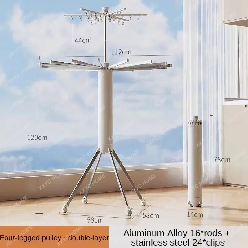 Foldable Clothes Drying Rack, Movable Rotary Laundry Hanger, Clothes Drying Rack with 16 Poles, Upgraded Home Clothes Rack Stand