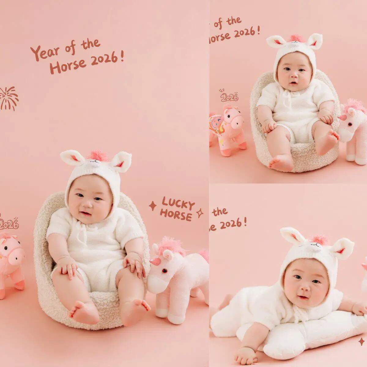 Newborn Photography Props 2026 Pink Horse Year Theme Set Blanket Outfit Set Horses Doll Decors for Studio Photoshoot Clothing