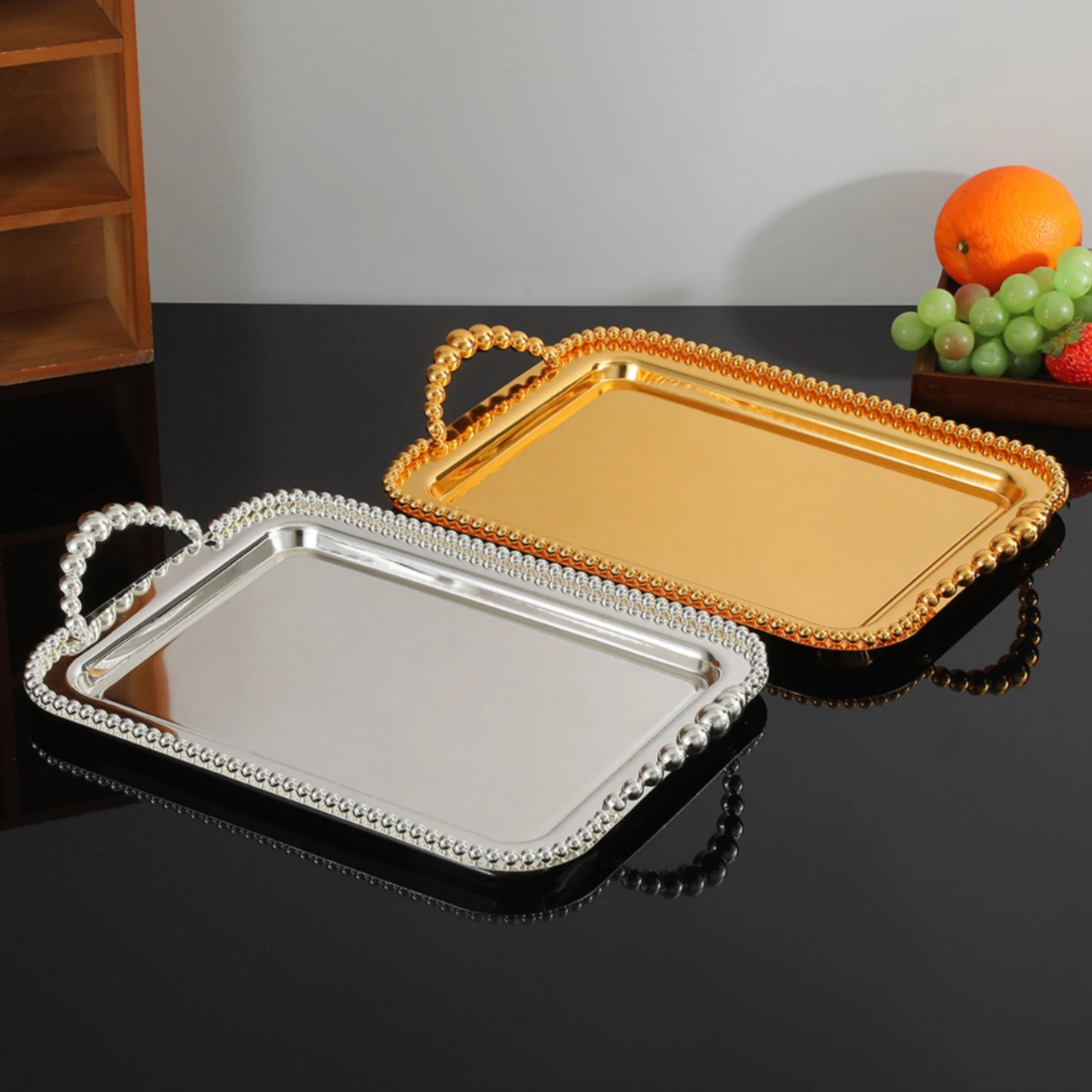 Mirrored Tray Beaded Border Handled Serving Tray Kitchenware Rectangular Home Decor Decorative