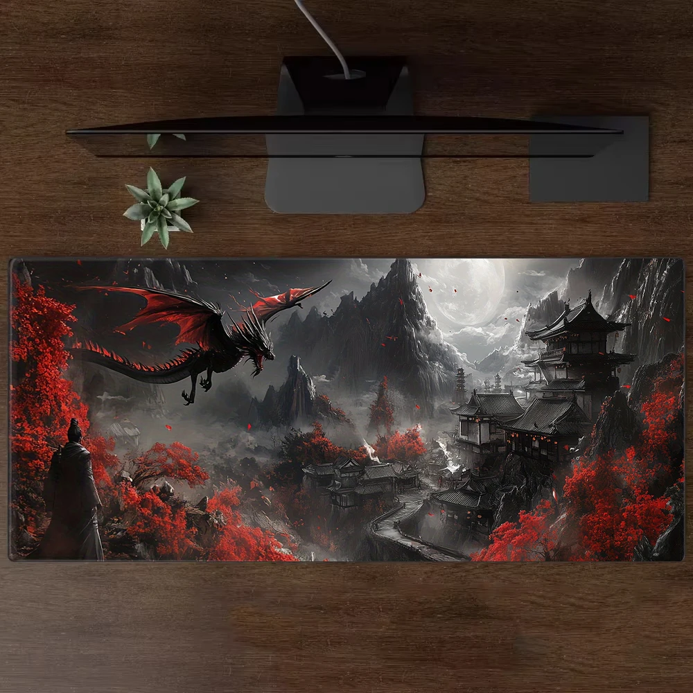 

Японский пейзажный дизайн с красным драконом, большой коврик для мыши, настольный коврик, игровой коврик, противоскользящий коврик для мыши Cherry Blossom mauspad muismat