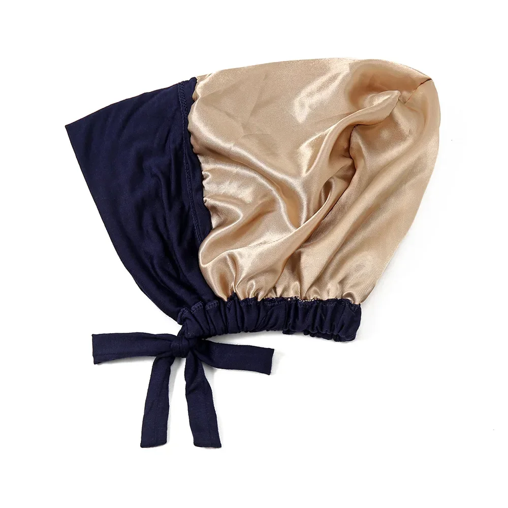 

Muslim Double Layer Satin Hijab Cap Full Cover Inner Jersey Tie Hat Islamic Head Wear Stretch Turban Underscarf Bonnet Headband