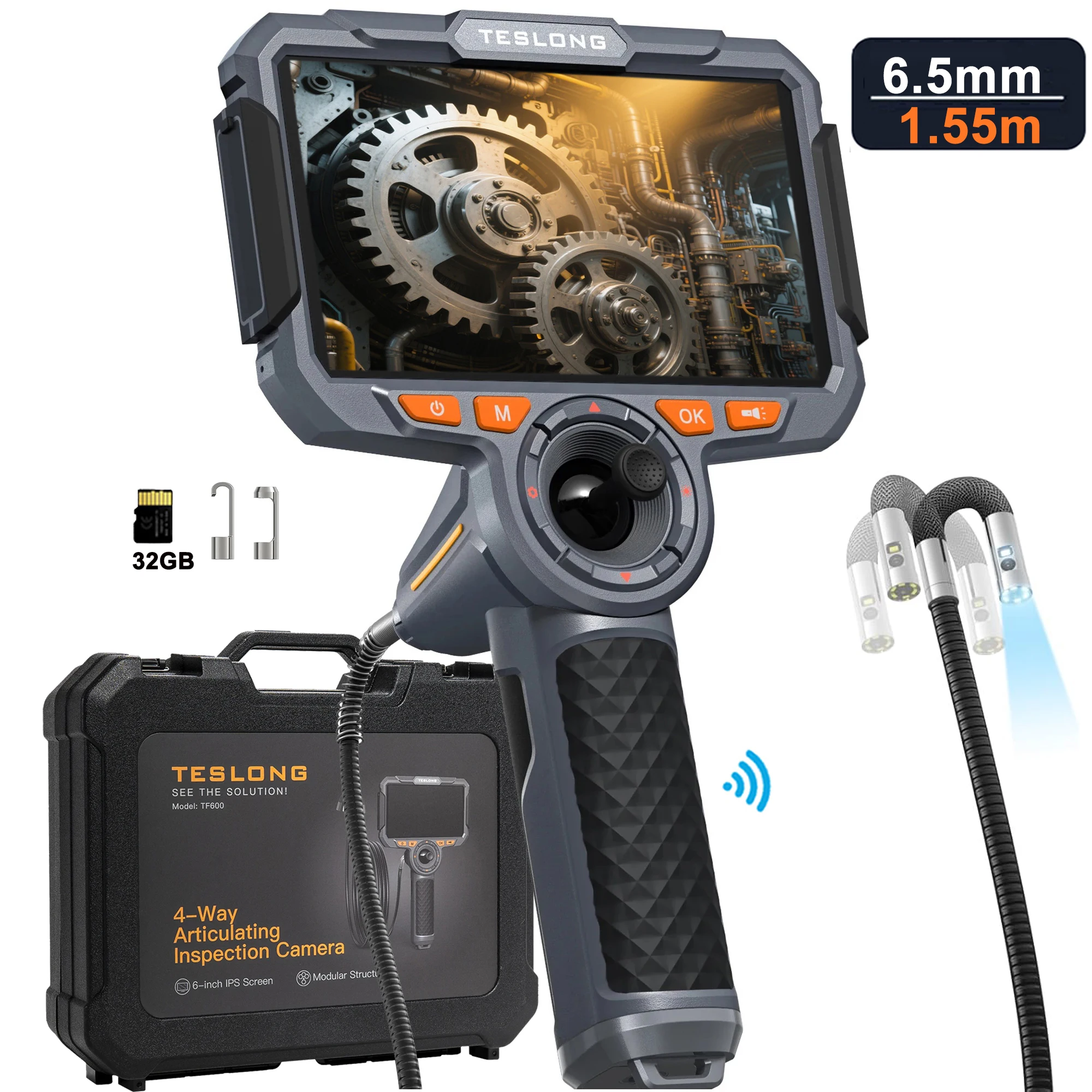 Teslong TF600 360 °   Boroscopio articulado Control de palanca de mando de 4 vías Pantalla IPS 1080P de 6 pulgadas Cámara de inspección WIFI de doble lente de 6,5 mm