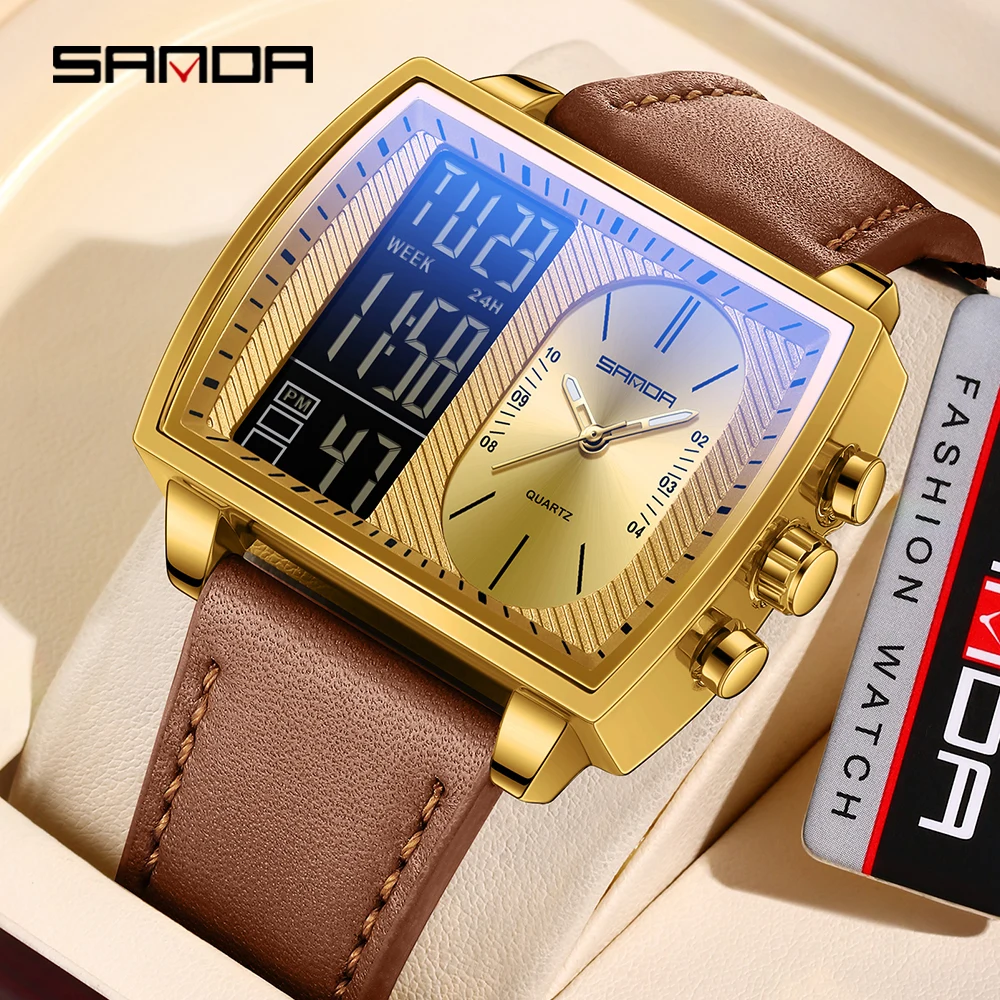 SANDA 2025 ساعة رجالية جديدة متعددة الوظائف عرض مزدوج مقاوم للماء LED شريط إضاءة ساعة إلكترونية للرجال 6238