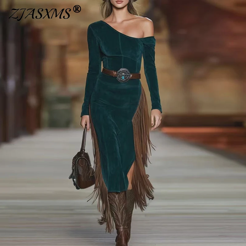 Woman Sexy Off Shoulder Hollow Party Dress Vintage Imitation Suede Patchwork Tassel Dress New Autumn Long Sleeve Slim Boho Dress