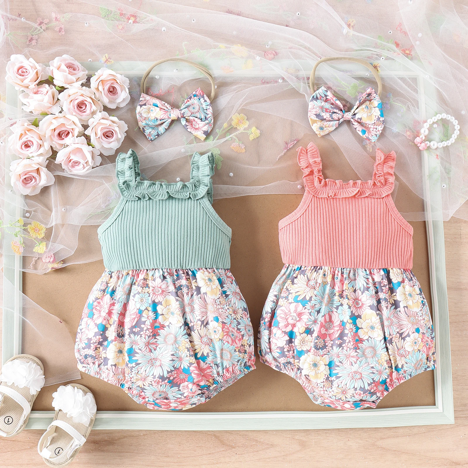 

2PCS Summer Baby Girls Soft And Comfortable Multi-Color Pit Strip Solid Color And Floral Matching Printed Halter Jumpsuit