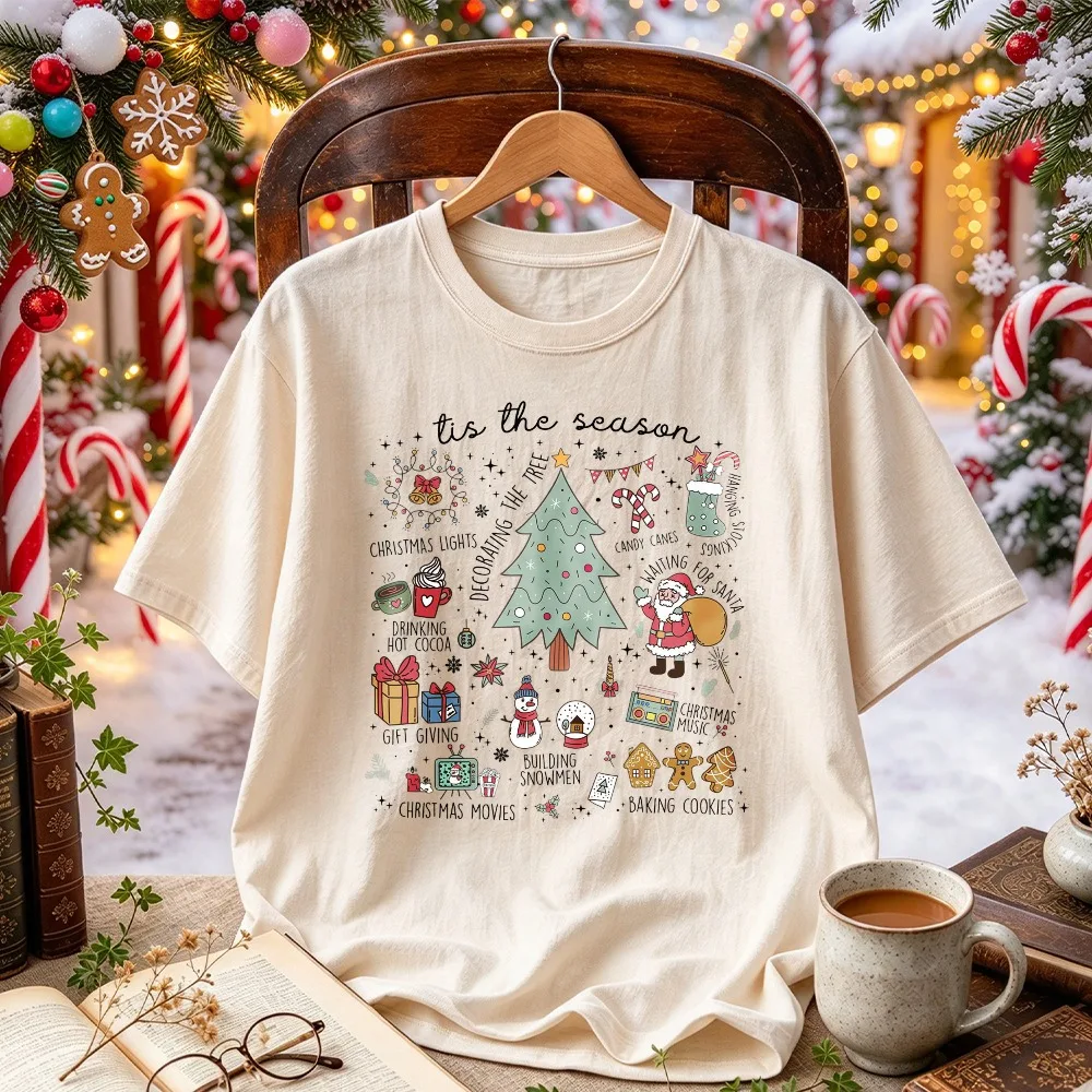 BUBU DUDU Tis The Season Christmas Doodle Graphic T Shirt Xmas Tree Santa Snowman Gingerbread Print Holiday Tee for Women Unisex