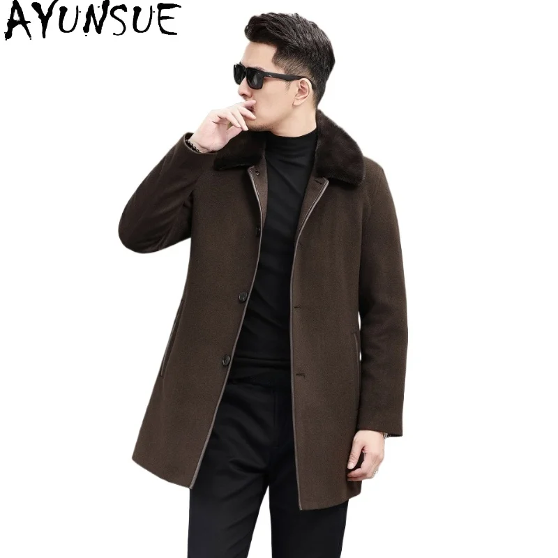 

Мужское зимнее пальто AYUNSUE из 89% шерсти с отстегивающимся гусиным пуховым утеплителем, куртка-пуховик с воротником из меха норки, средней длины, кашемировое пальто