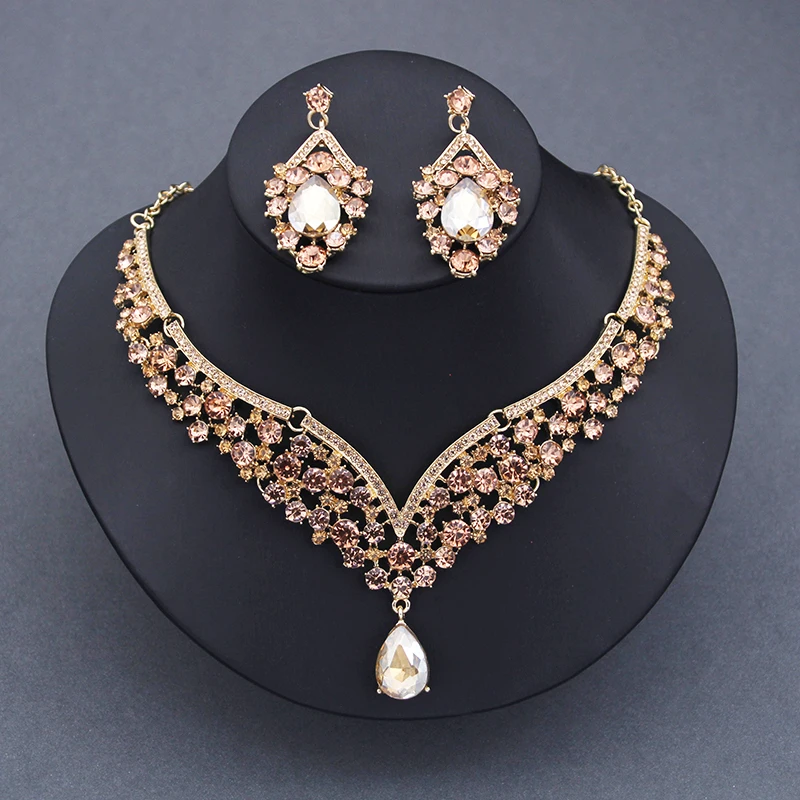 Champagne Crystal Wedding Choker Necklace Earrings Sets for Women Bridal Dubai Jewelry Sets Fashion