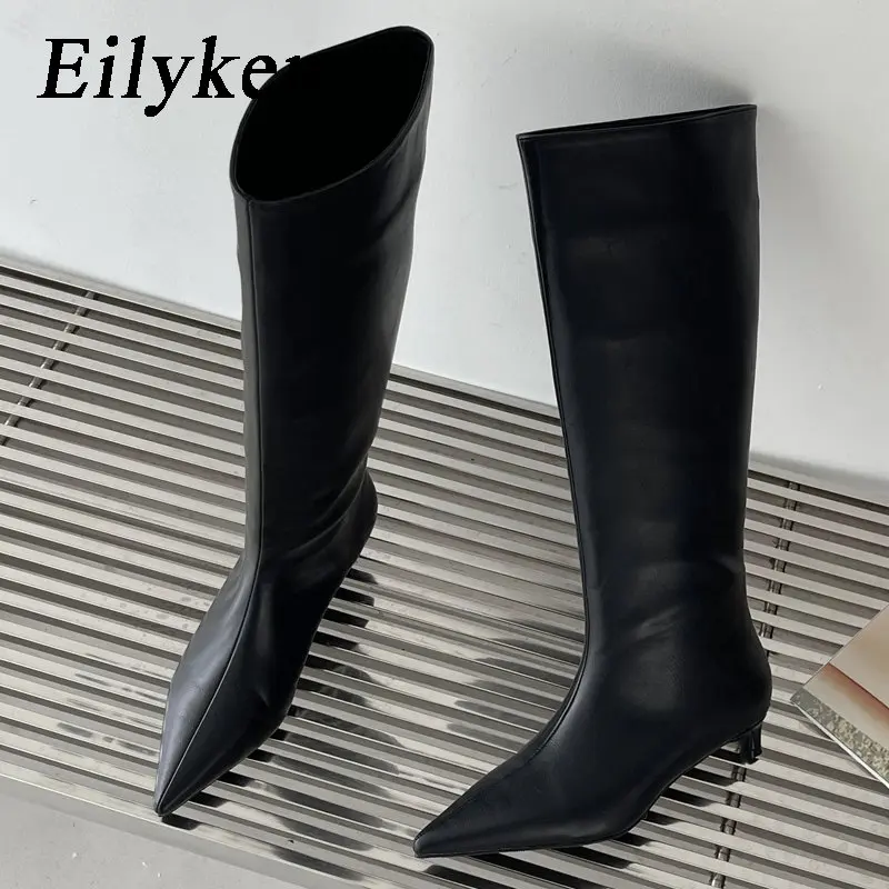 Eilyken Spring Autumn Cosy Pointed Toe Woman Knee-High Boots High Quality Slip-On Low Heels Banquet Dress Ladies Shoes