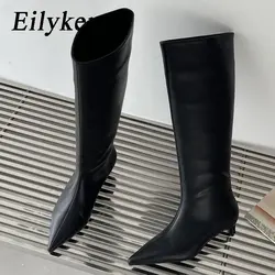 Eilyken Primavera Autunno Accogliente Punta a punta Donna Stivali al ginocchio Slip-On di alta qualità Tacchi bassi Abito da banchetto Scarpe da donna