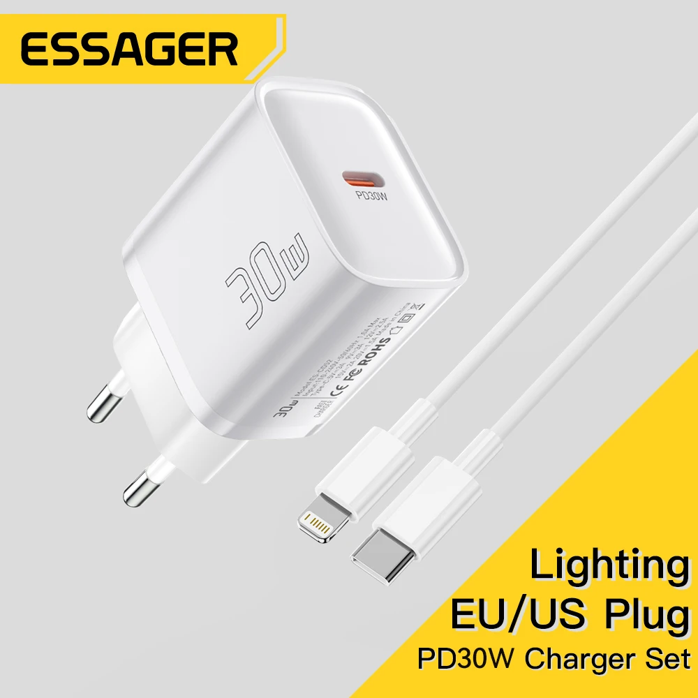 

Essager Mini 30W Type C Charger Set For iPhone 16 15 Xiaomi PD 20W Lightning Cable Travel Chargers For iPhone 14 13 12 iPad Pro