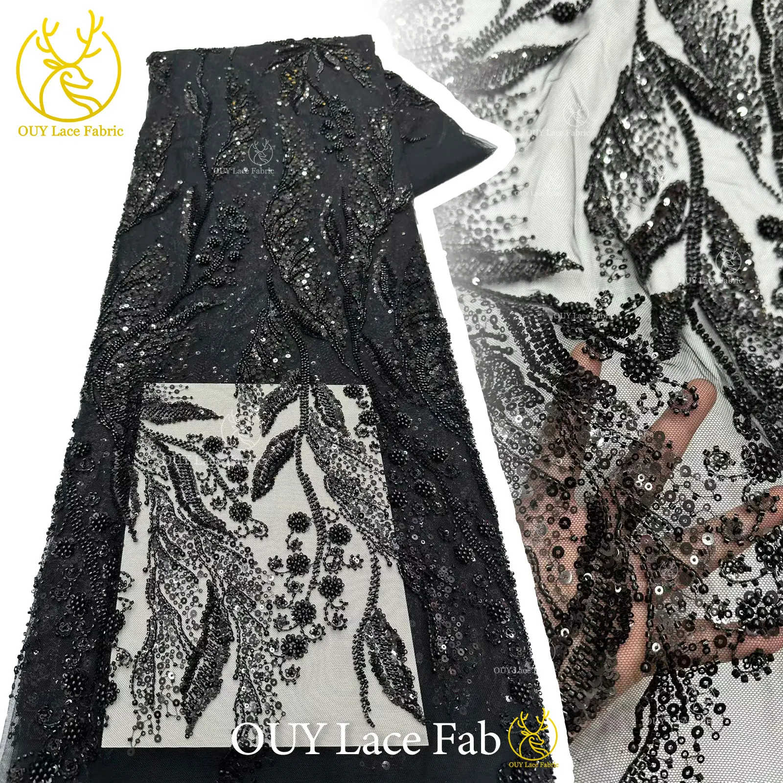 

Black African Beaded Sequins Lace Fabric 2026 High Quality Nigerian French Tulle Lace Fabric For Evening Wedding Party Dress