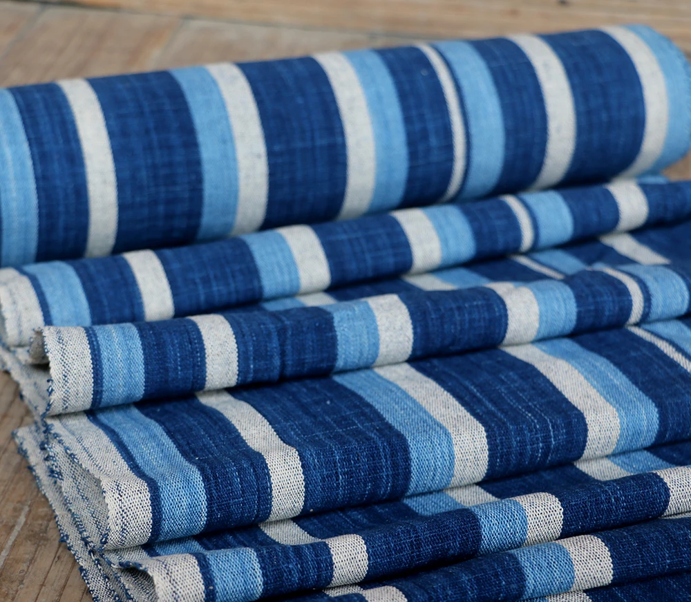 Hand-woven blue-dyed coarse fabric for patchwork indigo yarn-dyed striped handmade scarf shawl clothes fabric