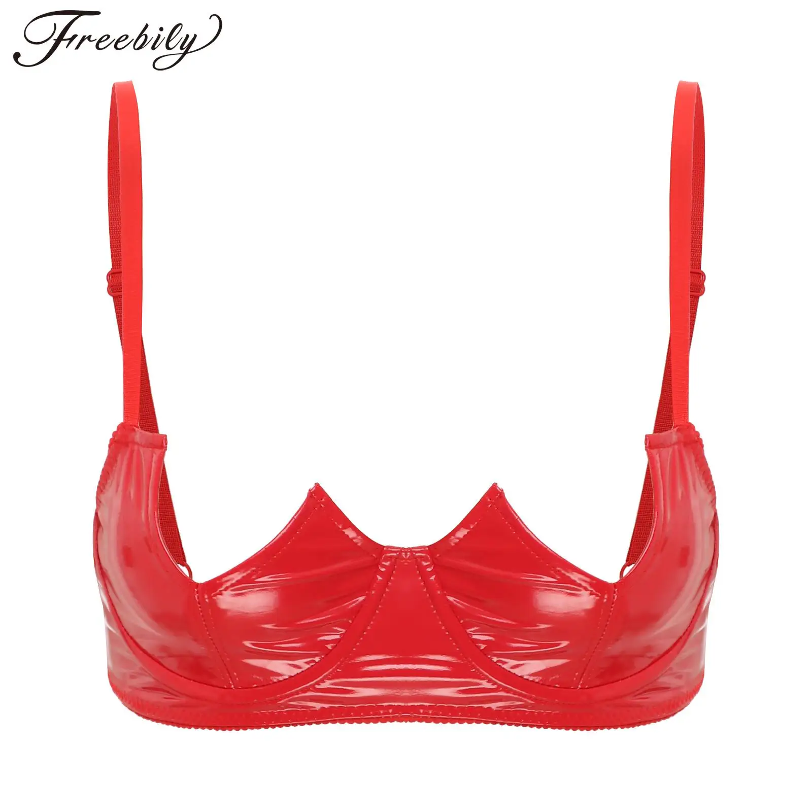 

Womens Sexy V-Notch Underwired Push Up Half Cup Bra Tops Lingerie Underwear Wet Look Patent Leather Adjustable Straps Brassiere