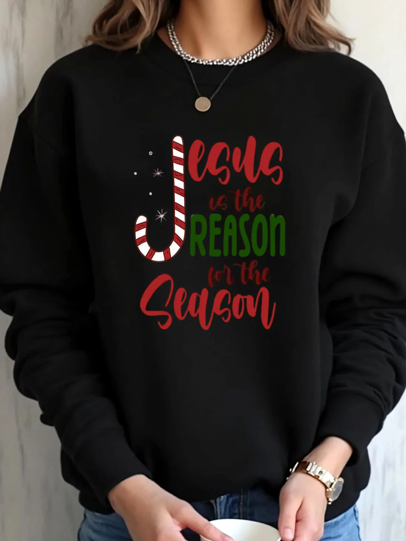 

Женская толстовка большого размера с Рождеством Иисуса - причина сезона, верхняя одежда с принтом конфетной трости