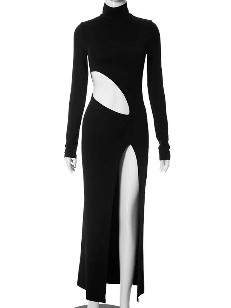 Sexy Waist Hollow Out Thigh-high Split Slim Bodycon Long Dress Women Long Sleeved Skinny Evening Maxi Dress Club Party Vestidos