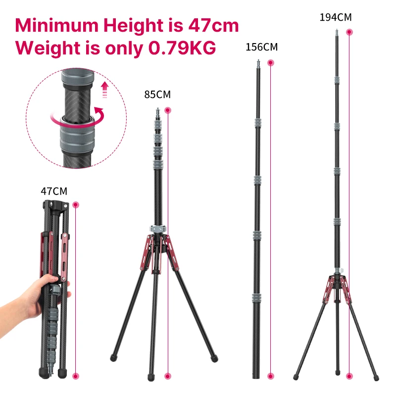 1.9M Carbon Fiber Lighting Stand Portable Detachable Tripod Photography Stand for Camera LED Light Flash Softbox aputure 200x-s