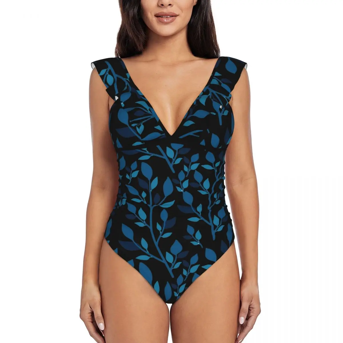 Maillot de bain une pièce style bohème pour femmes, bikini sexy à volants, à la mode, motif feuilles bleues