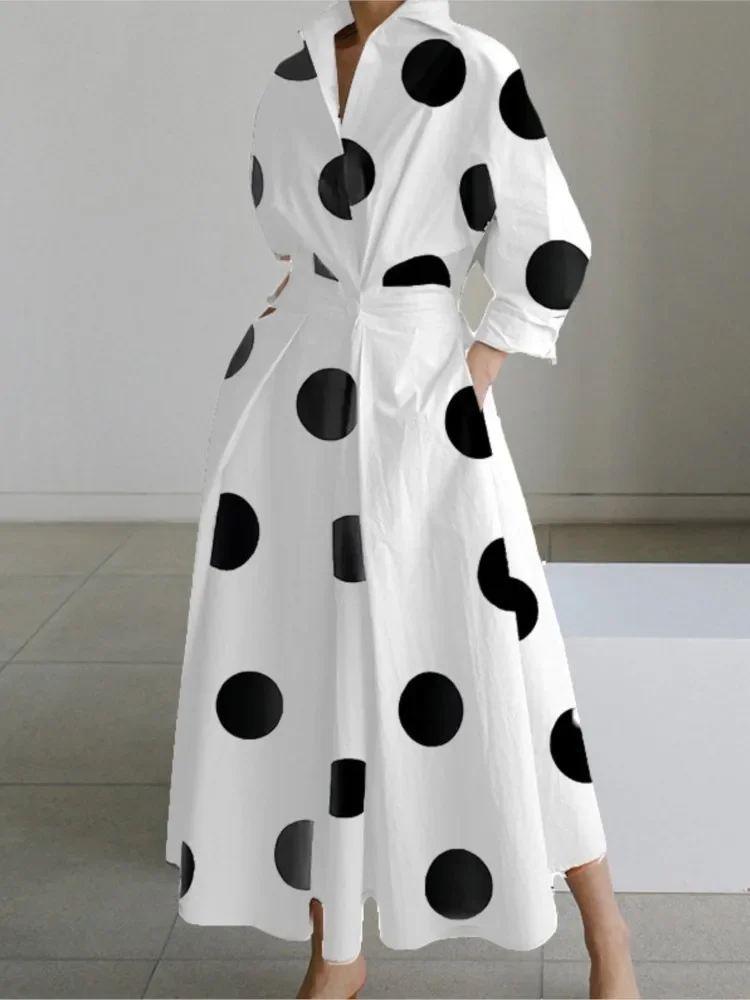 Autumn Dress Long Sleeve Dot Print Elegant long Dresses For Women  White Casual V Neck Shirt Party Maxi Dress Vestidos