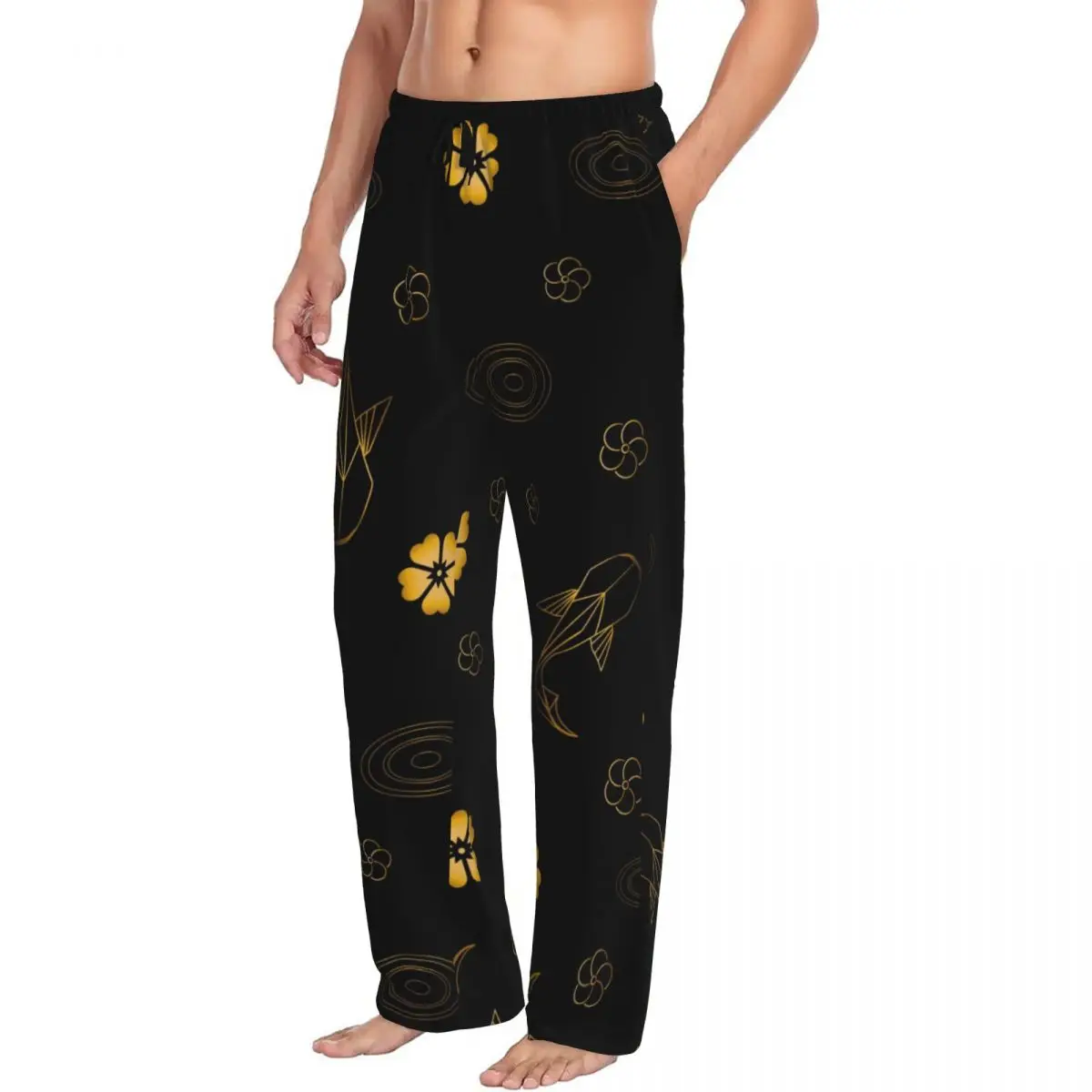 Calça de pijama estampada personalizada masculina, pijamas de peixe dourados, círculos na água e flores, fundo do salão do sono com bolsos