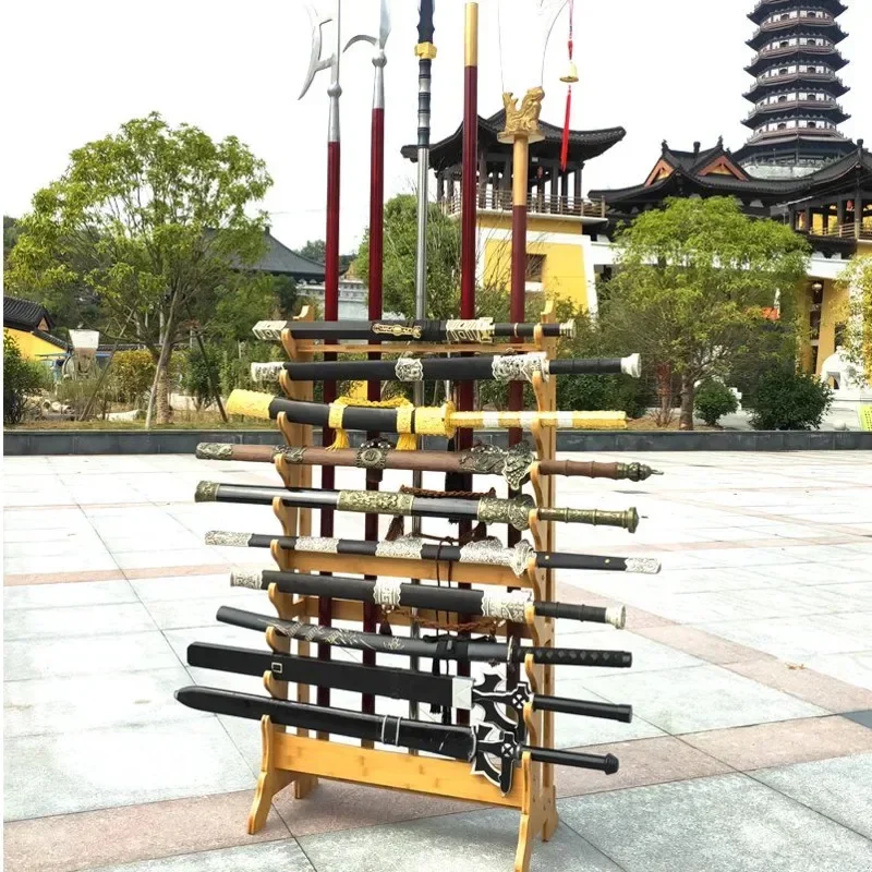 Martial Elegance Exquisite Bamboo Sword Display Stand Integrated Vertical Showcase Traditional Wood Shelf for the Martial Arts
