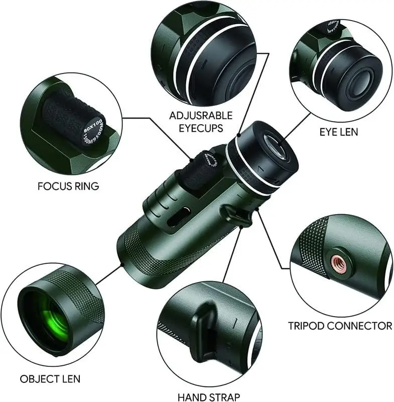 80x100 HD Monocular Telescope with Phone Holder Waterproof BAK4 Prism for Birdwatching, Hunting, Hiking, Outdoor Camping