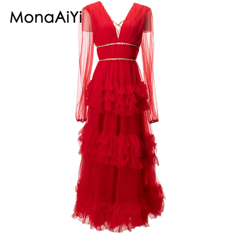 MonaAiYi 2023 New Fashion Runway Designer Women's Standing Collar Mesh Long Sleeves Lacing Layered Ruffle Edge Red Dress