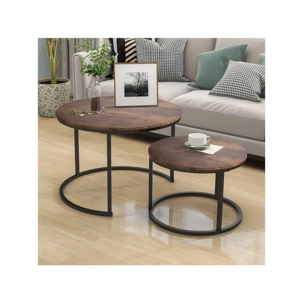 Industrial Round Coffee Table Set of 2 End Table for Living Room,Stacking Side Tables, Sturdy and Easy Assembly