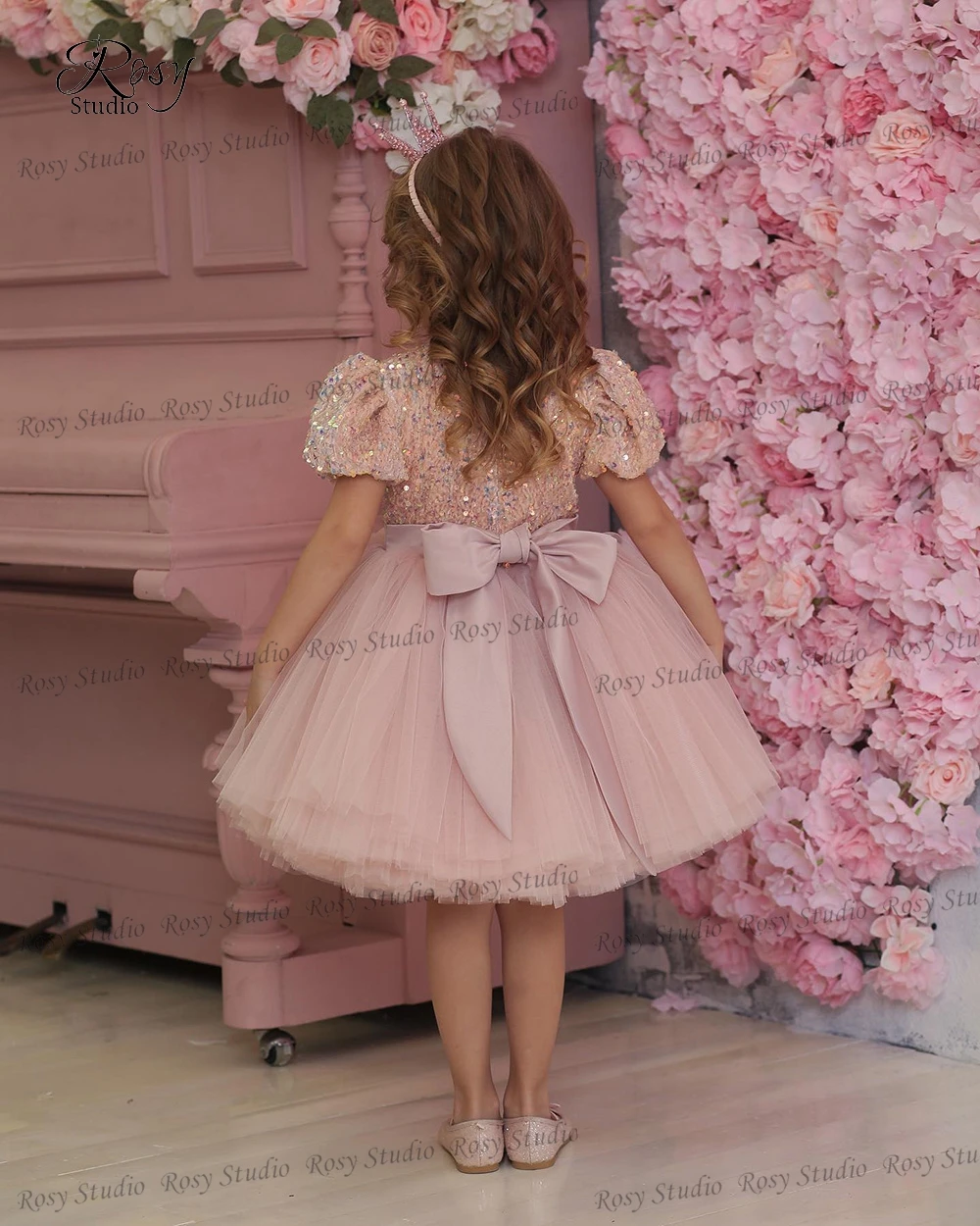 Robe trapèze en Tulle rose à fleurs pour filles, longueur aux genoux, robe de princesse à paillettes, robe courte de première Communion pour mariage