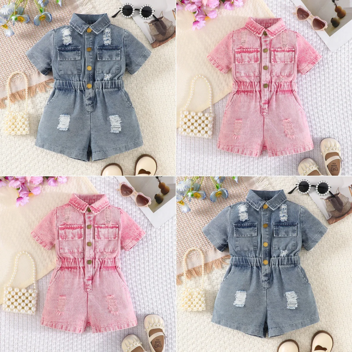 Summer baby girl and toddler short sleeved denim jumpsuit fashionable casual denim outfit