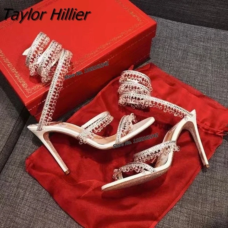 Rhinestone Snake Wrap Sandals Solid Designer Summer Shoes Open Toe Fringes Stiletto Heel Hollow Sandals Women Party Prom Fashion