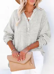 Cotton Casual Loose Blouse Shirt Women Long Sleeved V-neck Oversize Blouse Vintage Loose Blusas Spring Autumn 2024 Tunic Tops