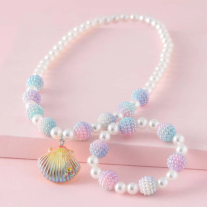 Juego de collar y pulsera con colgante de concha de princesa para niñas y mujeres, joyería de fiesta, regalo de cumpleaños, 2 piezas por juego