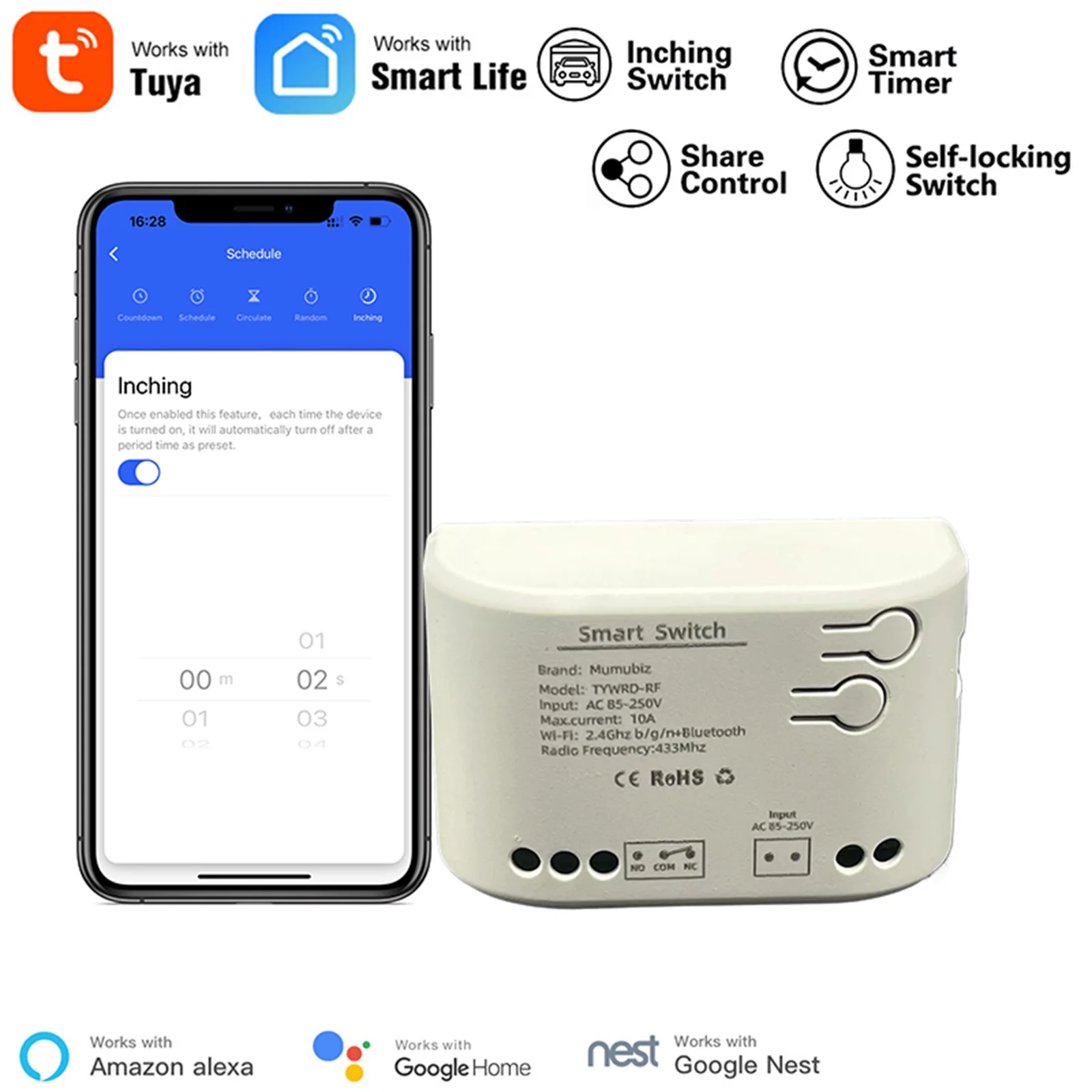 Tuya Smart WiFi RF Inchihg Switch 90-250V Dry Contact Relay Adjustable Selflock/ Momentary Mode,Works with Alexa Google Home