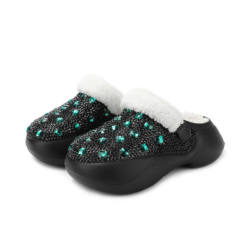 2024 New Trendy Warm Garden Shoes for Home Wear Plush Slippers Diamond Gem Haute Couture