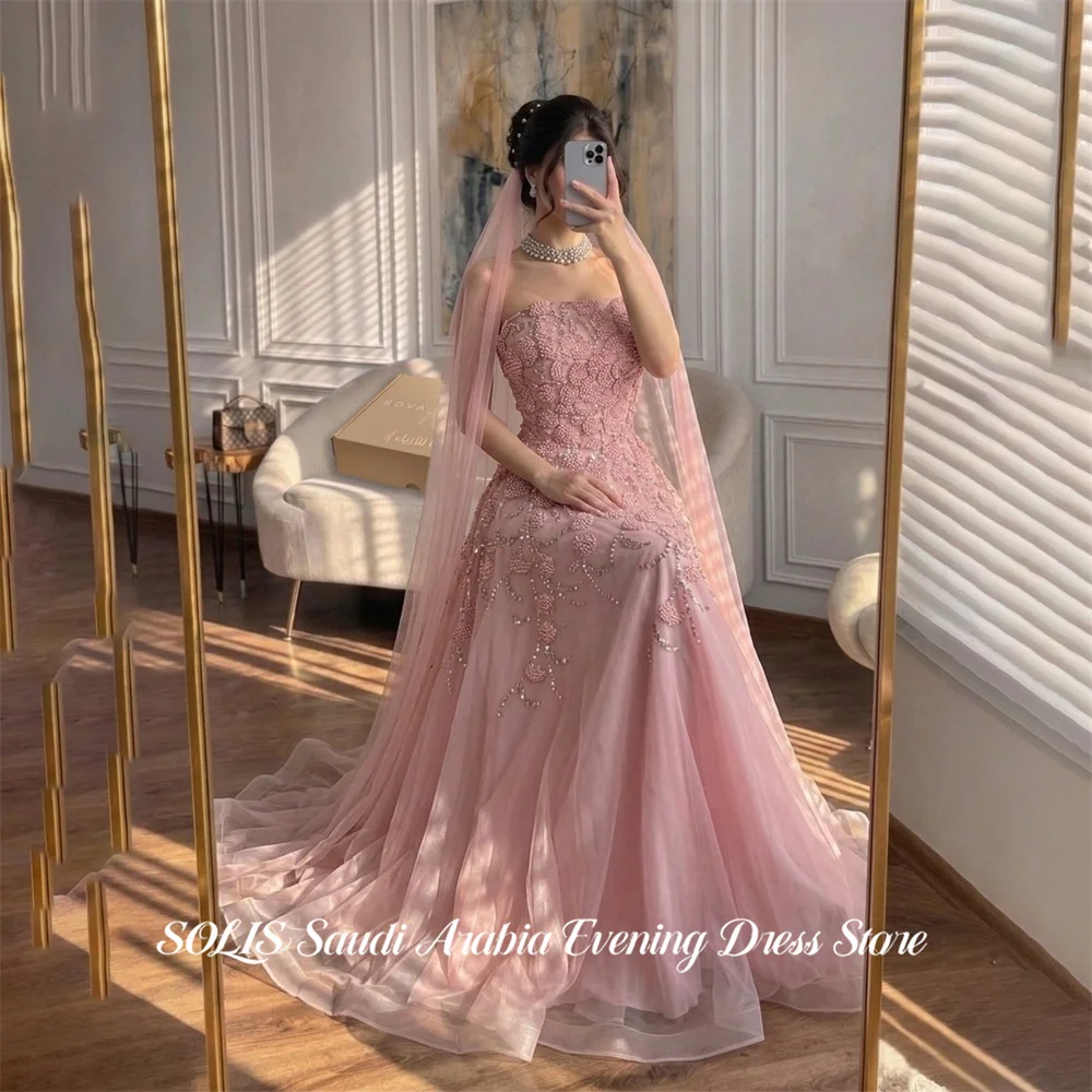 SOLIS Pink Prom Dresses Strapless Sleeveless Celebrity Dresses Beading On Chest Women's Evening Dresses Formal Gown Customized